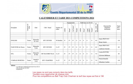 tarifs des competitions du CD 28